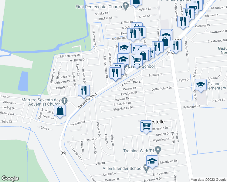 map of restaurants, bars, coffee shops, grocery stores, and more near 2785 Colony Court in Marrero