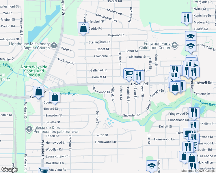 map of restaurants, bars, coffee shops, grocery stores, and more near 8201 Tidwell Road in Houston
