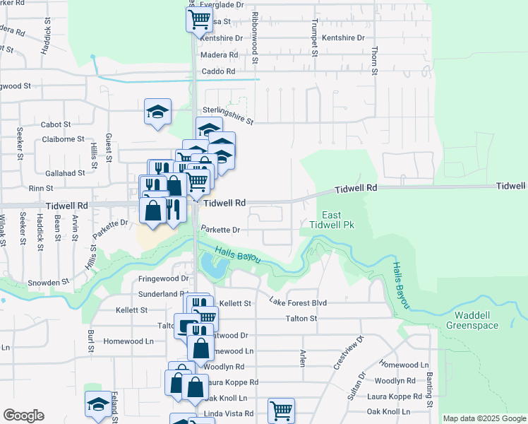 map of restaurants, bars, coffee shops, grocery stores, and more near 9110 Tidwell Road in Houston