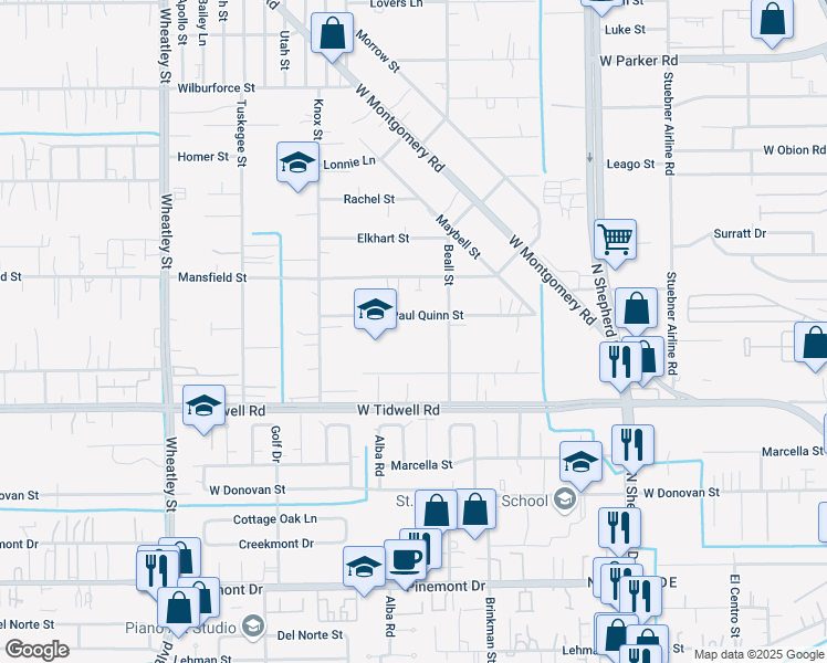 map of restaurants, bars, coffee shops, grocery stores, and more near 827 Paul Quinn Street in Houston