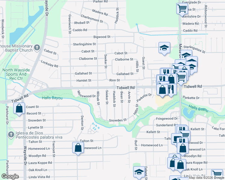 map of restaurants, bars, coffee shops, grocery stores, and more near 8323 Tidwell Road in Houston