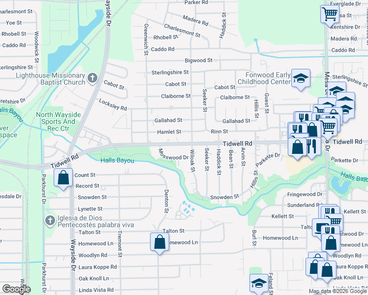 map of restaurants, bars, coffee shops, grocery stores, and more near 8201 Tidwell Road in Houston