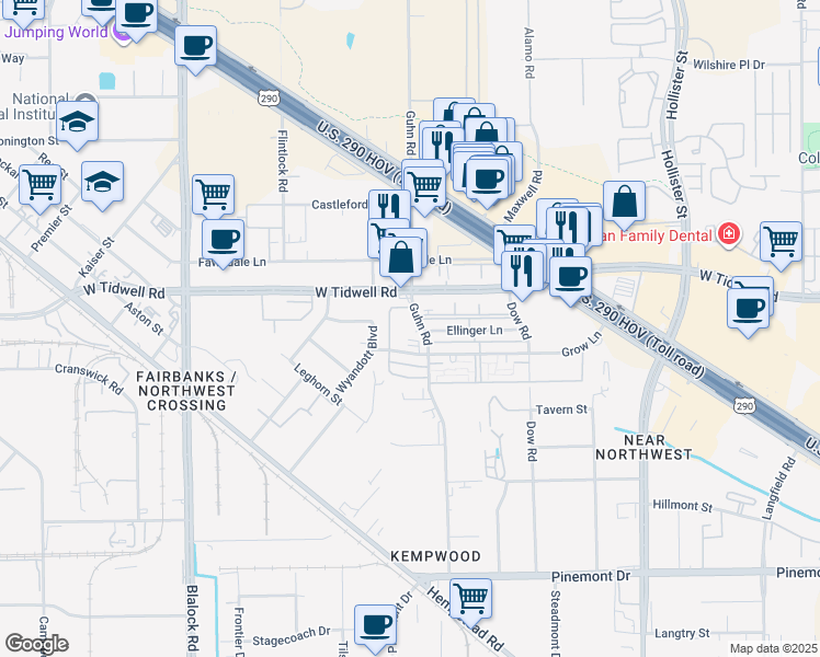 map of restaurants, bars, coffee shops, grocery stores, and more near 5757 Guhn Road in Houston