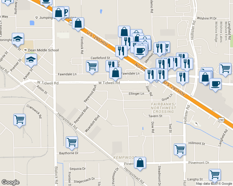 map of restaurants, bars, coffee shops, grocery stores, and more near 5757 Guhn Road in Houston
