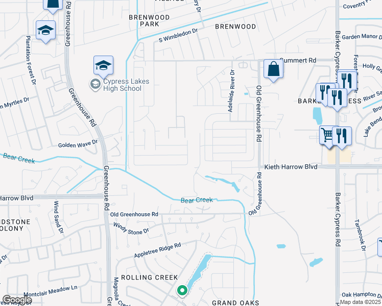 map of restaurants, bars, coffee shops, grocery stores, and more near 5406 Aranas Lane in Katy