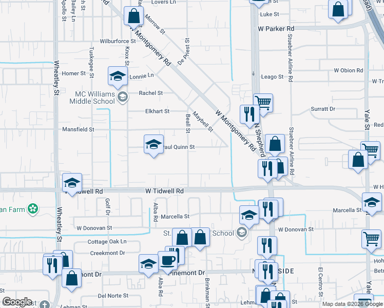 map of restaurants, bars, coffee shops, grocery stores, and more near 5805 Beall Street in Houston