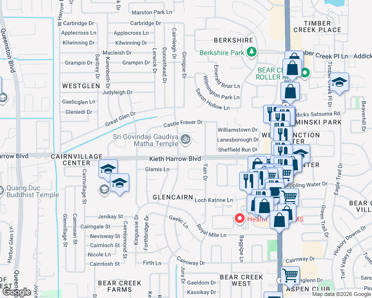 map of restaurants, bars, coffee shops, grocery stores, and more near 16628 Kieth Harrow Boulevard in Houston