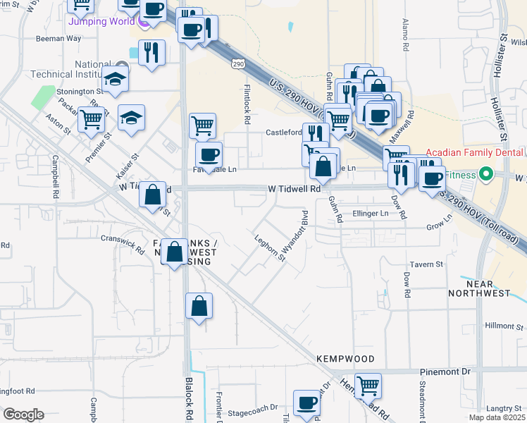map of restaurants, bars, coffee shops, grocery stores, and more near 5719 Raywood Boulevard in Houston