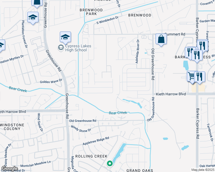 map of restaurants, bars, coffee shops, grocery stores, and more near 18835 Venito Drive in Katy