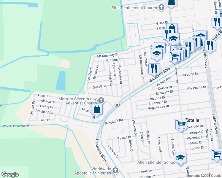 map of restaurants, bars, coffee shops, grocery stores, and more near 5025 Radcliff Street in Marrero