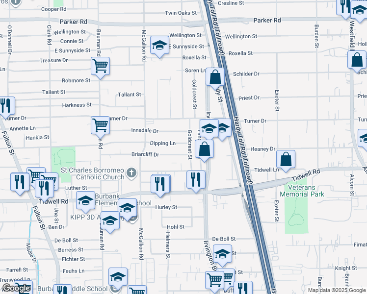 map of restaurants, bars, coffee shops, grocery stores, and more near 9730 Goldcrest Street in Houston