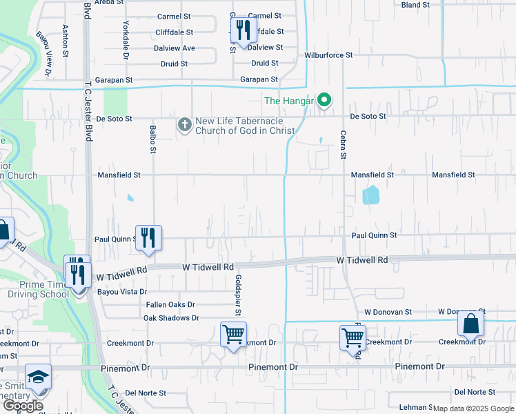 map of restaurants, bars, coffee shops, grocery stores, and more near 2521 Mansfield Street in Houston