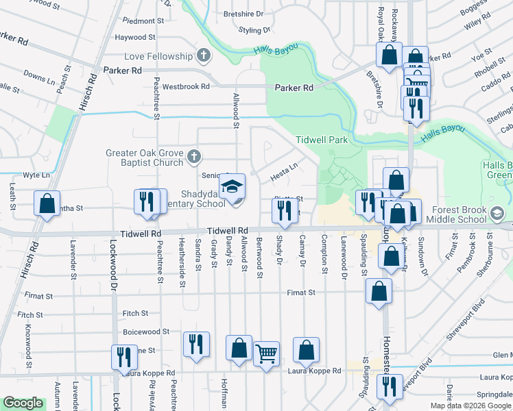 map of restaurants, bars, coffee shops, grocery stores, and more near 9611 Bertwood Street in Houston
