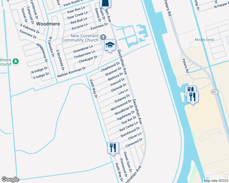 map of restaurants, bars, coffee shops, grocery stores, and more near 3733 Glenoak Drive in Harvey