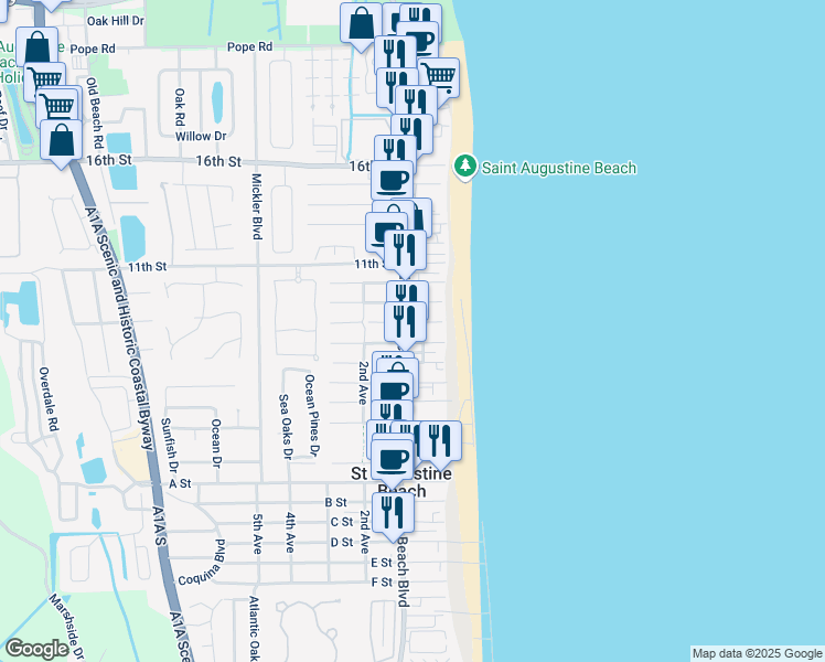 map of restaurants, bars, coffee shops, grocery stores, and more near 850 A1A Beach Boulevard in Saint Augustine Beach