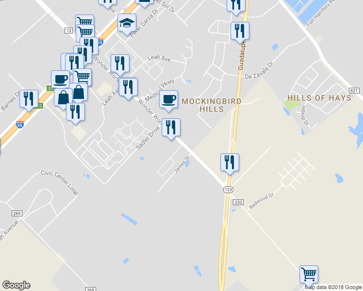 map of restaurants, bars, coffee shops, grocery stores, and more near 1410 Wonder World Drive in San Marcos