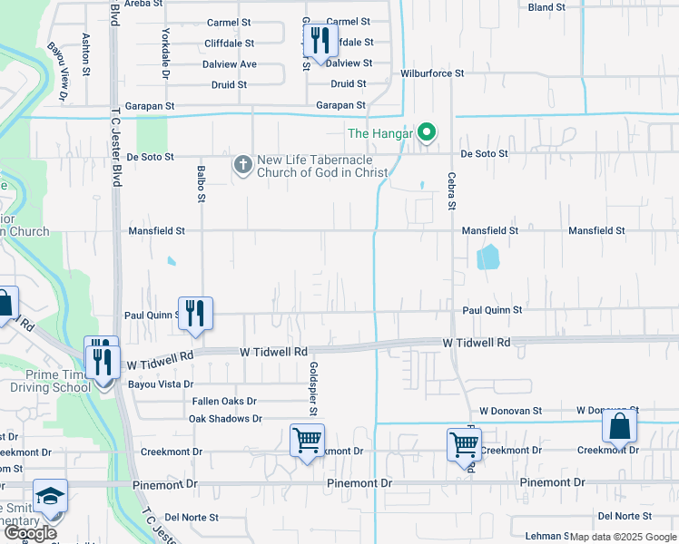 map of restaurants, bars, coffee shops, grocery stores, and more near 2521 Mansfield Street in Houston