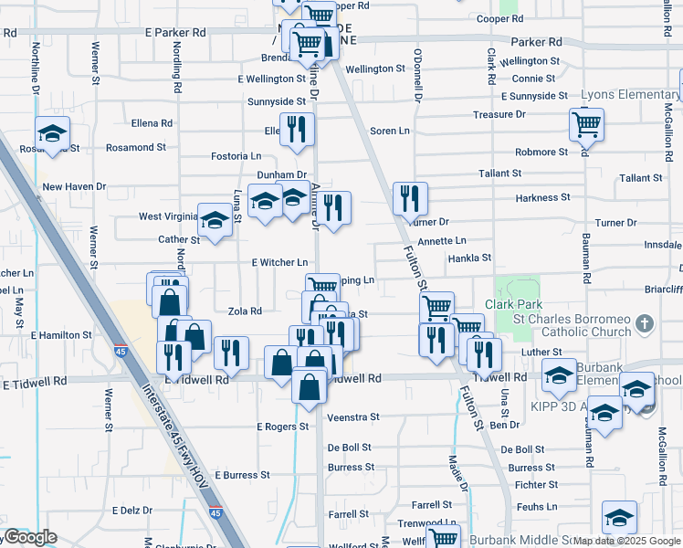 map of restaurants, bars, coffee shops, grocery stores, and more near 25 Dipping Lane in Houston