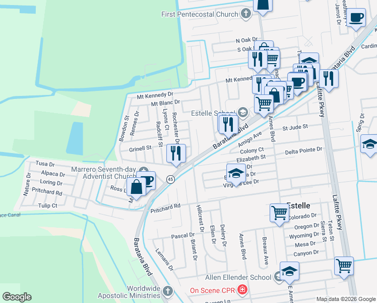 map of restaurants, bars, coffee shops, grocery stores, and more near 5016 Bennington Drive in Marrero