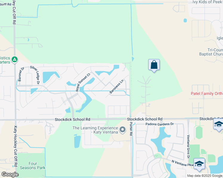 map of restaurants, bars, coffee shops, grocery stores, and more near 5227 Baroness Lane in Katy
