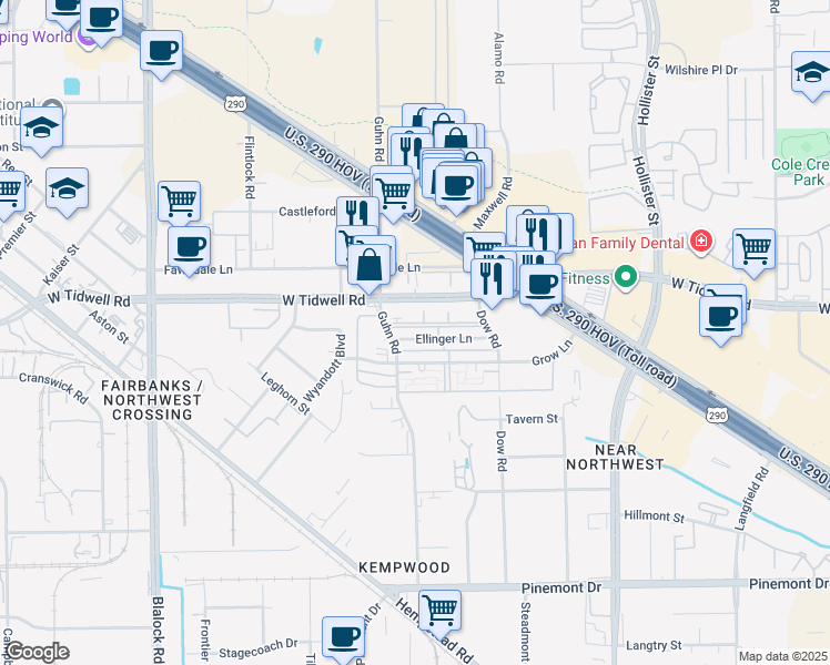 map of restaurants, bars, coffee shops, grocery stores, and more near 8030 Ellinger Lane in Houston