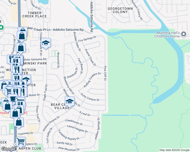 map of restaurants, bars, coffee shops, grocery stores, and more near 15707 Rolling Timbers Drive in Houston