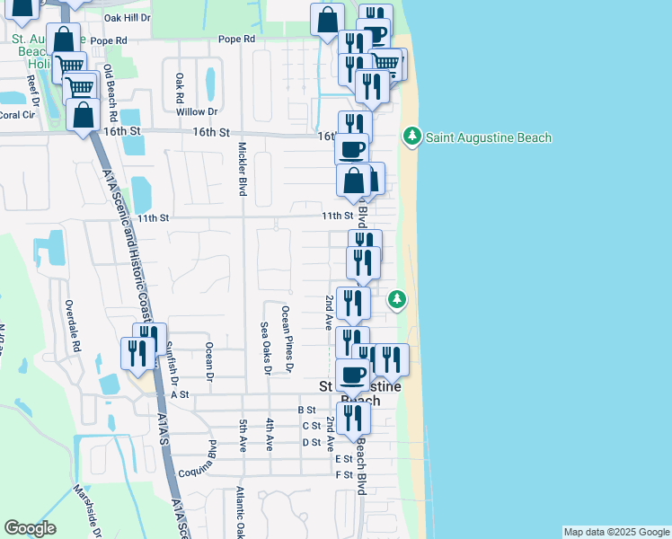 map of restaurants, bars, coffee shops, grocery stores, and more near 111 8th Street in St. Augustine