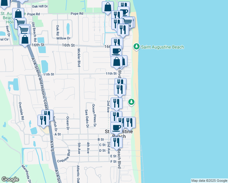 map of restaurants, bars, coffee shops, grocery stores, and more near 111 8th Street in St. Augustine