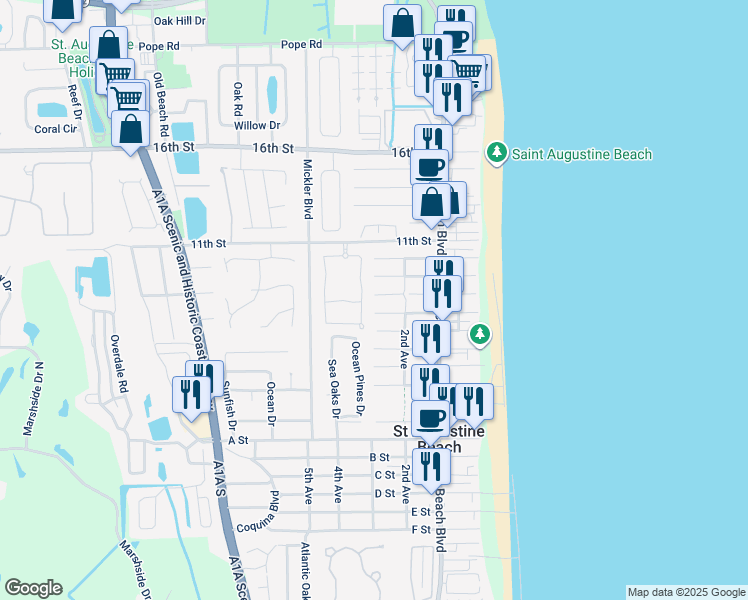 map of restaurants, bars, coffee shops, grocery stores, and more near 212 8th Street in St. Augustine Beach