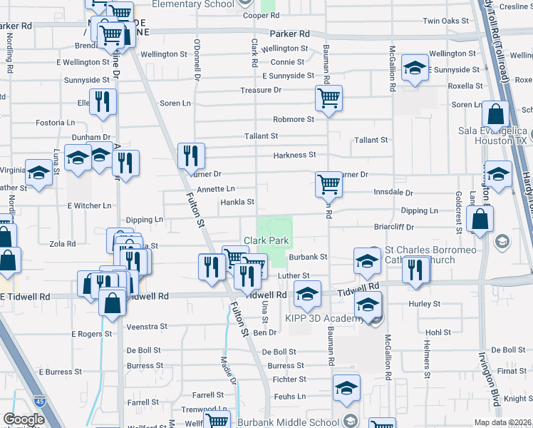 map of restaurants, bars, coffee shops, grocery stores, and more near 9902 Clark Road in Houston