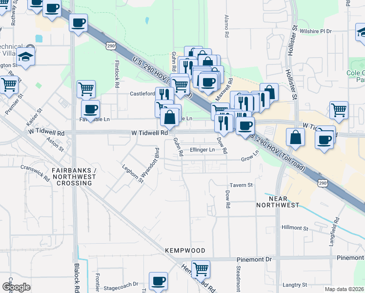 map of restaurants, bars, coffee shops, grocery stores, and more near 8030 Ellinger Lane in Houston