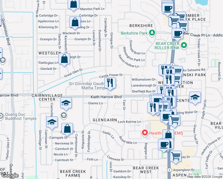 map of restaurants, bars, coffee shops, grocery stores, and more near 16628 Kieth Harrow Boulevard in Houston
