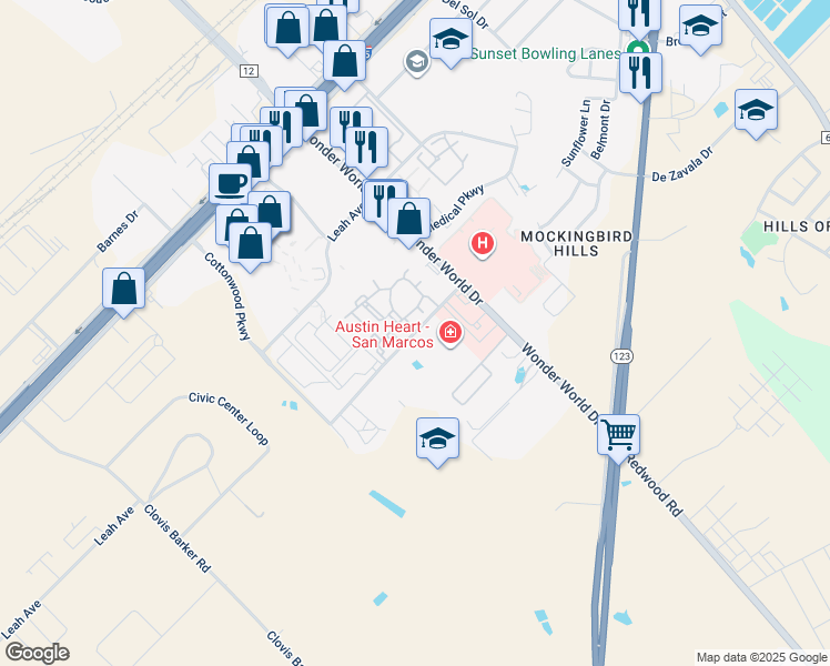 map of restaurants, bars, coffee shops, grocery stores, and more near 1271 Sadler Drive in San Marcos