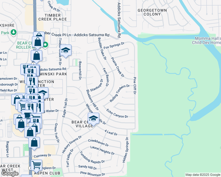 map of restaurants, bars, coffee shops, grocery stores, and more near 15754 Boulder Oaks Drive in Houston