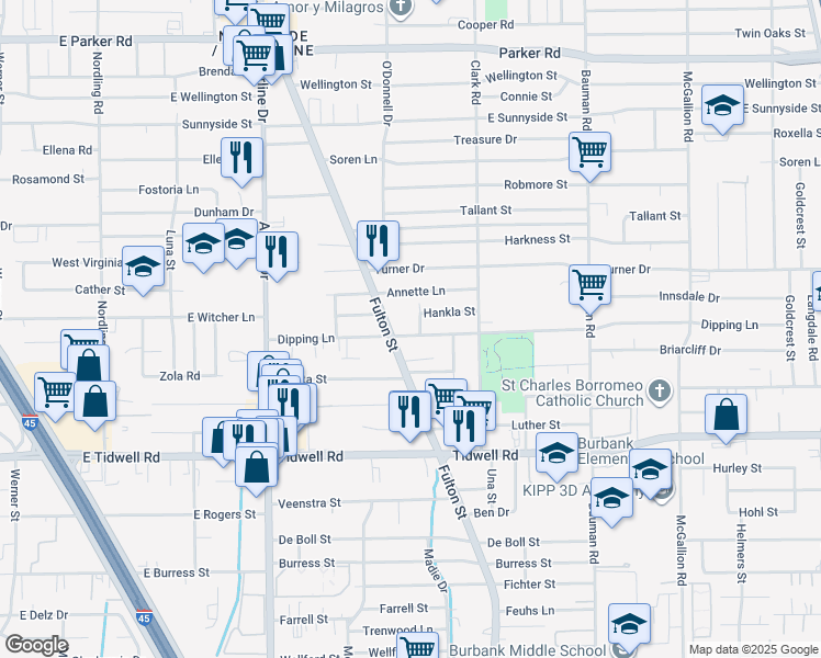 map of restaurants, bars, coffee shops, grocery stores, and more near 141 Dipping Lane in Houston