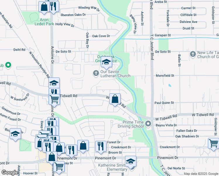 map of restaurants, bars, coffee shops, grocery stores, and more near 4926 Droddy Street in Houston
