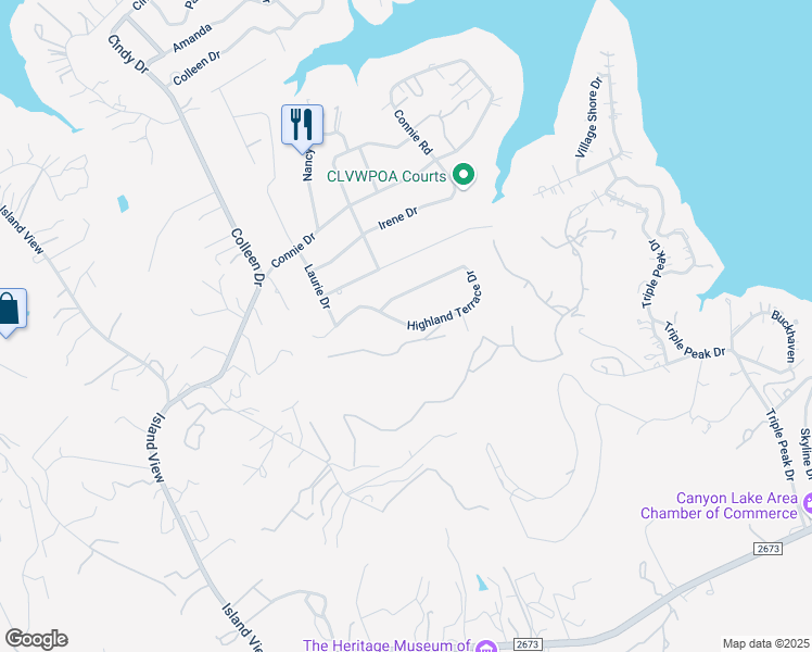 map of restaurants, bars, coffee shops, grocery stores, and more near 880 Highland Terrace Drive in Canyon Lake
