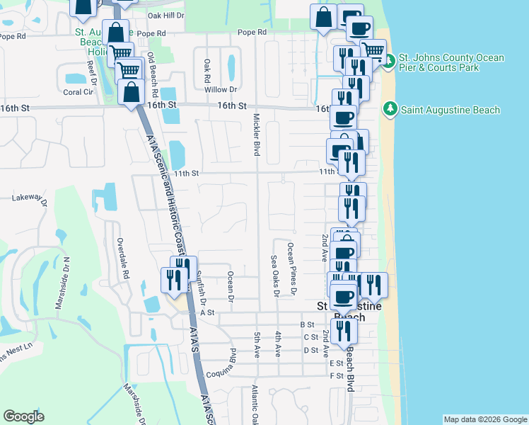map of restaurants, bars, coffee shops, grocery stores, and more near 328 Redwing Lane in St. Augustine