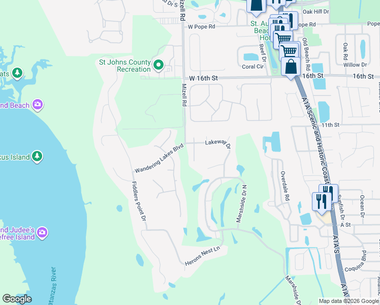 map of restaurants, bars, coffee shops, grocery stores, and more near 907 Birdie Way in St. Augustine