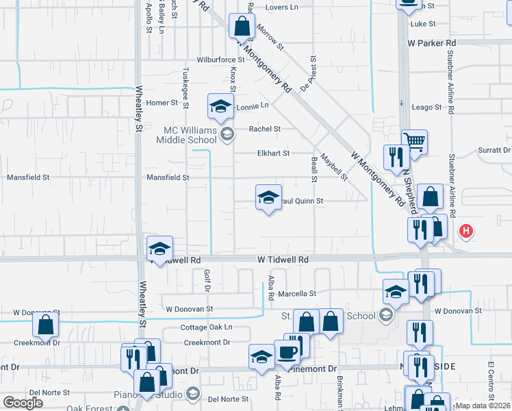 map of restaurants, bars, coffee shops, grocery stores, and more near 868 Paul Quinn Street in Houston