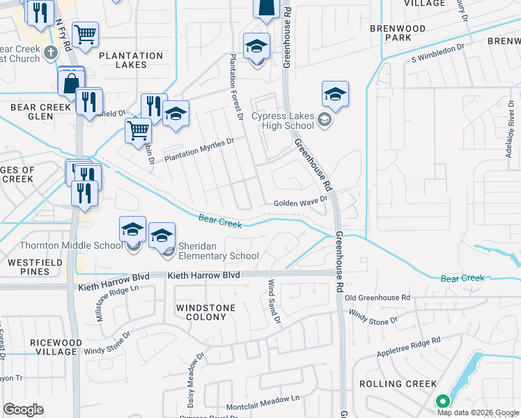 map of restaurants, bars, coffee shops, grocery stores, and more near 5407 Plantation Forest Drive in Katy