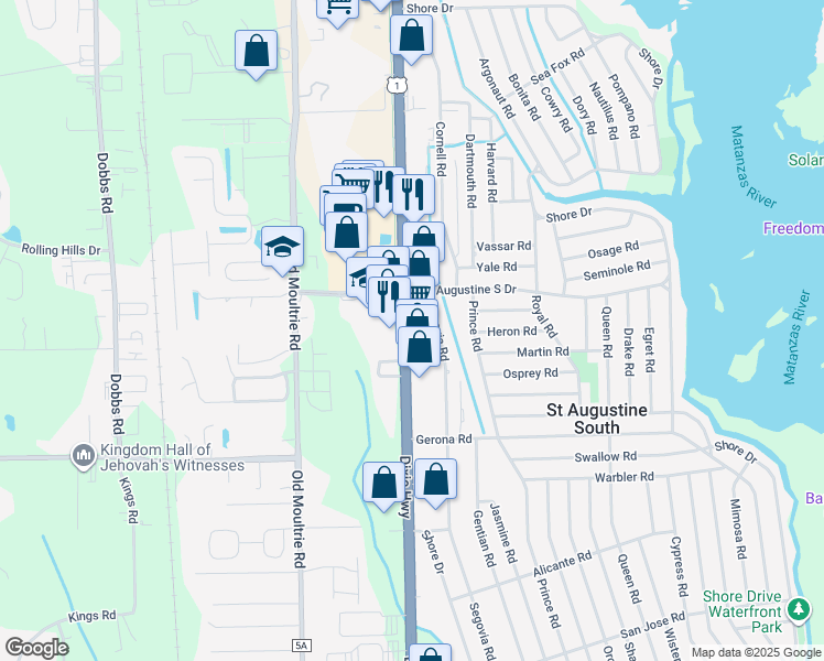 map of restaurants, bars, coffee shops, grocery stores, and more near 2550 Dixie Highway in St. Augustine