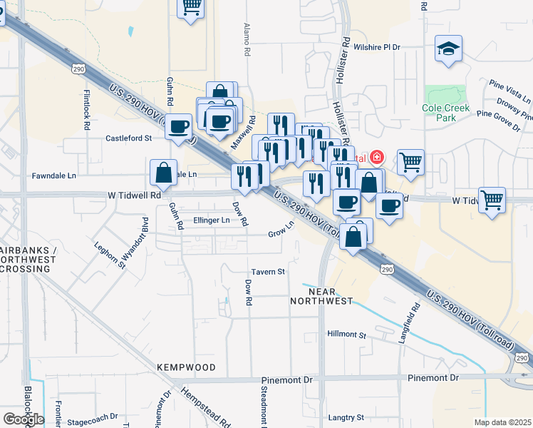 map of restaurants, bars, coffee shops, grocery stores, and more near 13451 Northwest Freeway in Houston