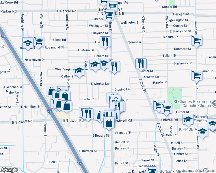 map of restaurants, bars, coffee shops, grocery stores, and more near 5723 Airline Drive in Houston