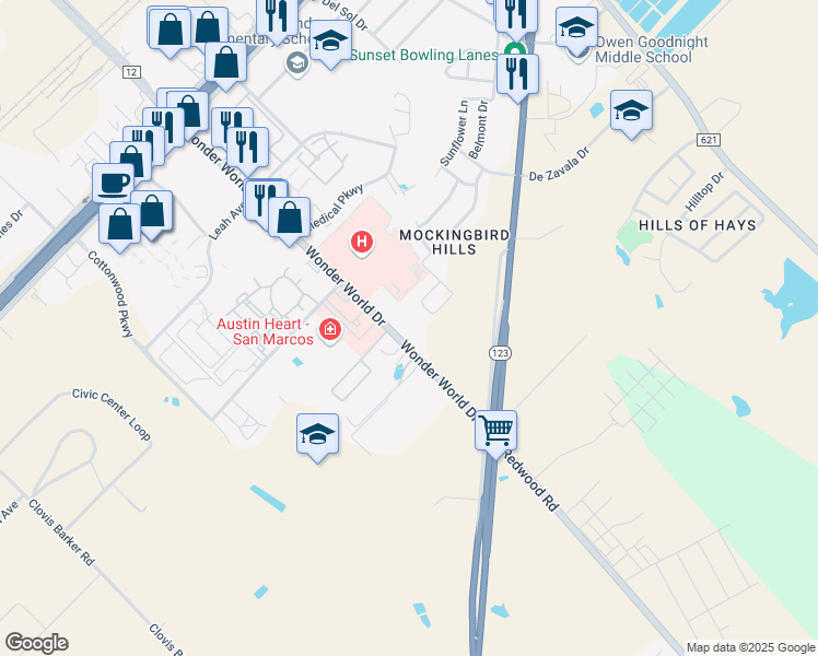 map of restaurants, bars, coffee shops, grocery stores, and more near 1401 Wonder World Drive in San Marcos