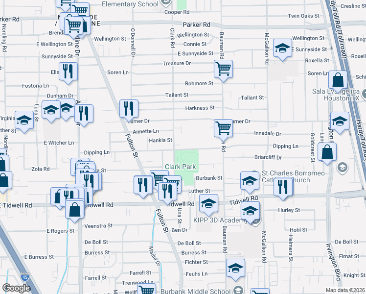 map of restaurants, bars, coffee shops, grocery stores, and more near 9902 Clark Road in Houston