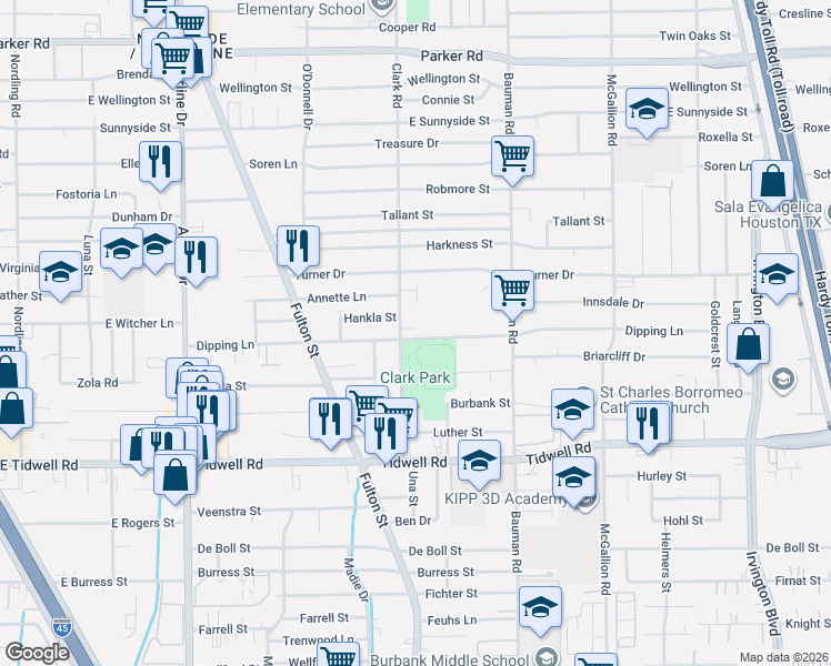 map of restaurants, bars, coffee shops, grocery stores, and more near 9902 Clark Road in Houston