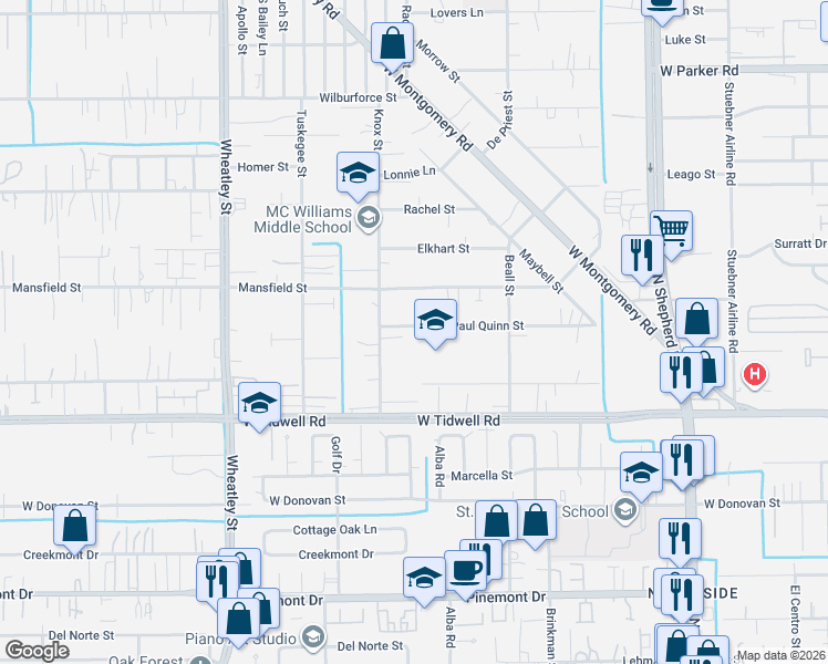 map of restaurants, bars, coffee shops, grocery stores, and more near 868 Paul Quinn Street in Houston