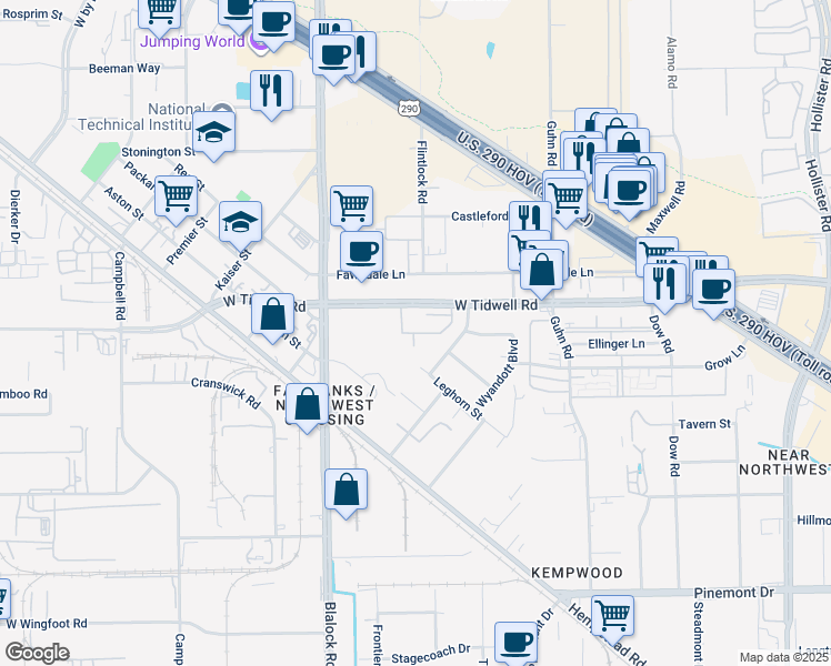 map of restaurants, bars, coffee shops, grocery stores, and more near 5719 Raywood Boulevard in Houston