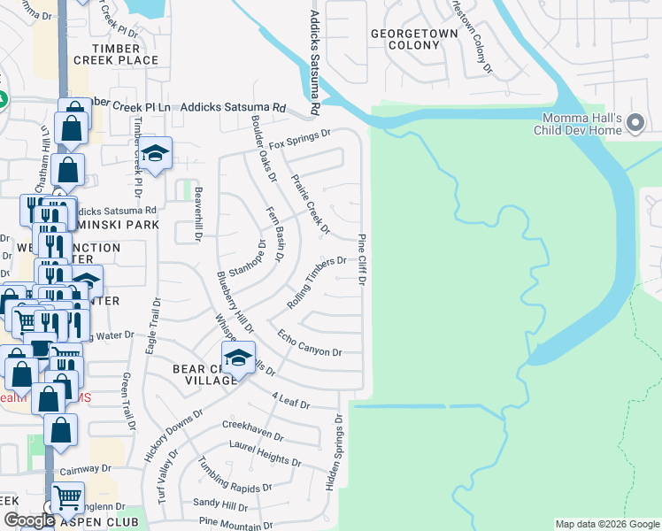 map of restaurants, bars, coffee shops, grocery stores, and more near 15707 Rolling Timbers Drive in Houston